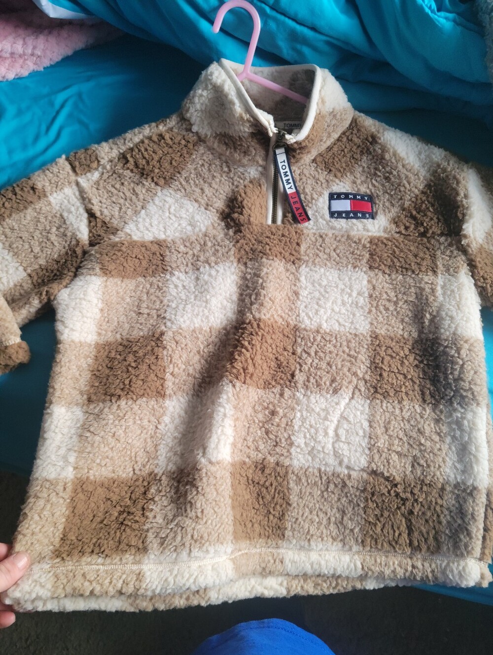 Tommy Hilfiger Womens Beige and Cream Plaid Sherpa Half-Zip Pullover
